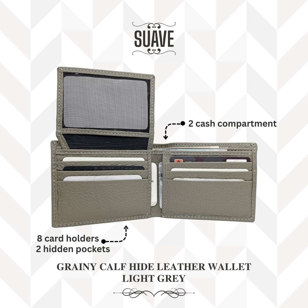 Grainy Calf Hide Leather Wallet - Light Grey