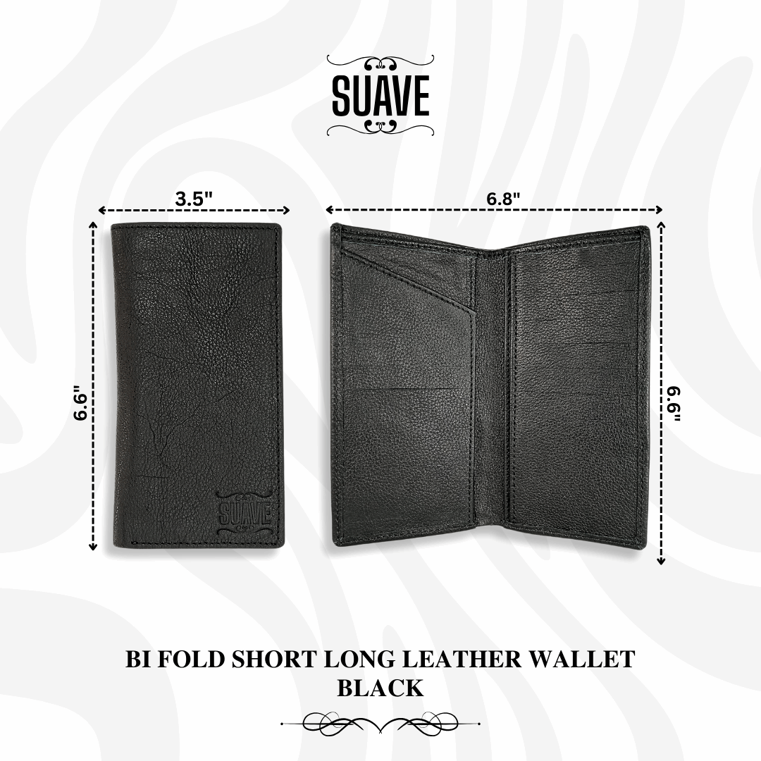 Bi Fold Short Long Leather Wallet - Black