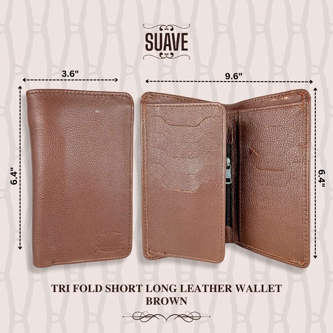 Tri Fold Short Long Leather Wallet - Brown