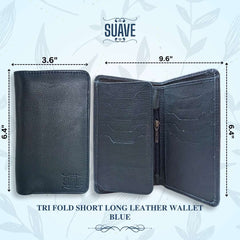 Tri Fold Short Long Leather Wallet - Blue