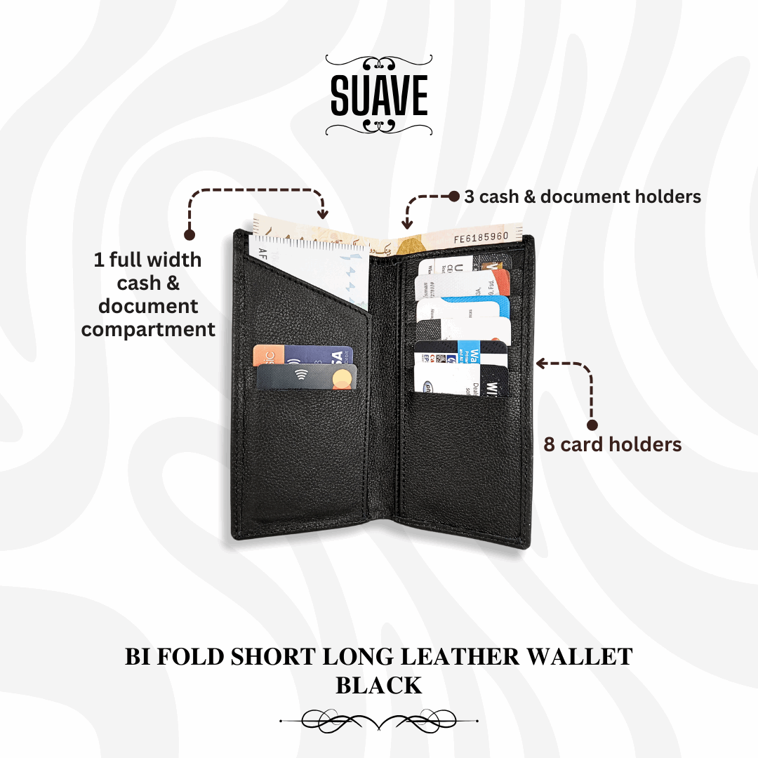 Bi Fold Short Long Leather Wallet - Black Secondary image