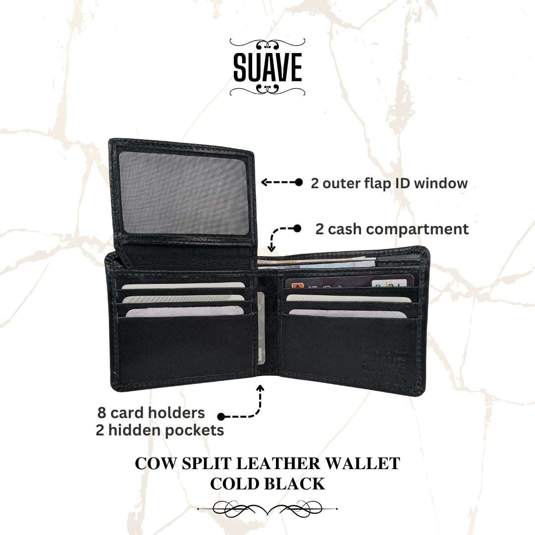 Cow Split Leather Wallet - Cold Black