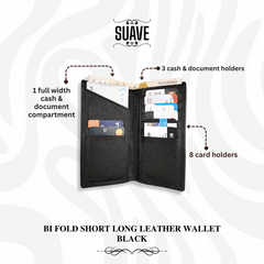 Bi Fold Short Long Leather Wallet - Black