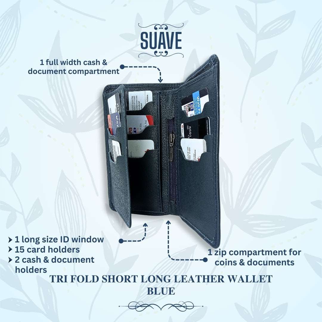 Tri Fold Short Long Leather Wallet - Blue Secondary image