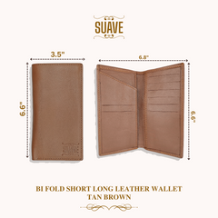 Bi Fold Short Long Leather Wallet - Tan Brown