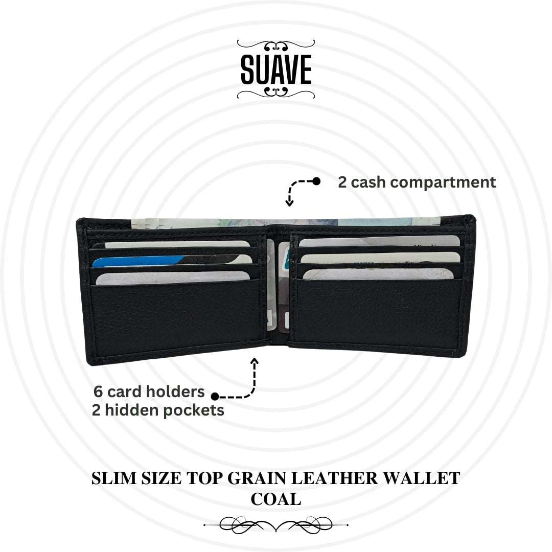 Slim Size Top Grain Leather Wallet - Coal