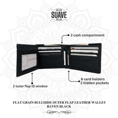 Flat Grain Bullhide Outer Flap Leather Wallet - Raven Black