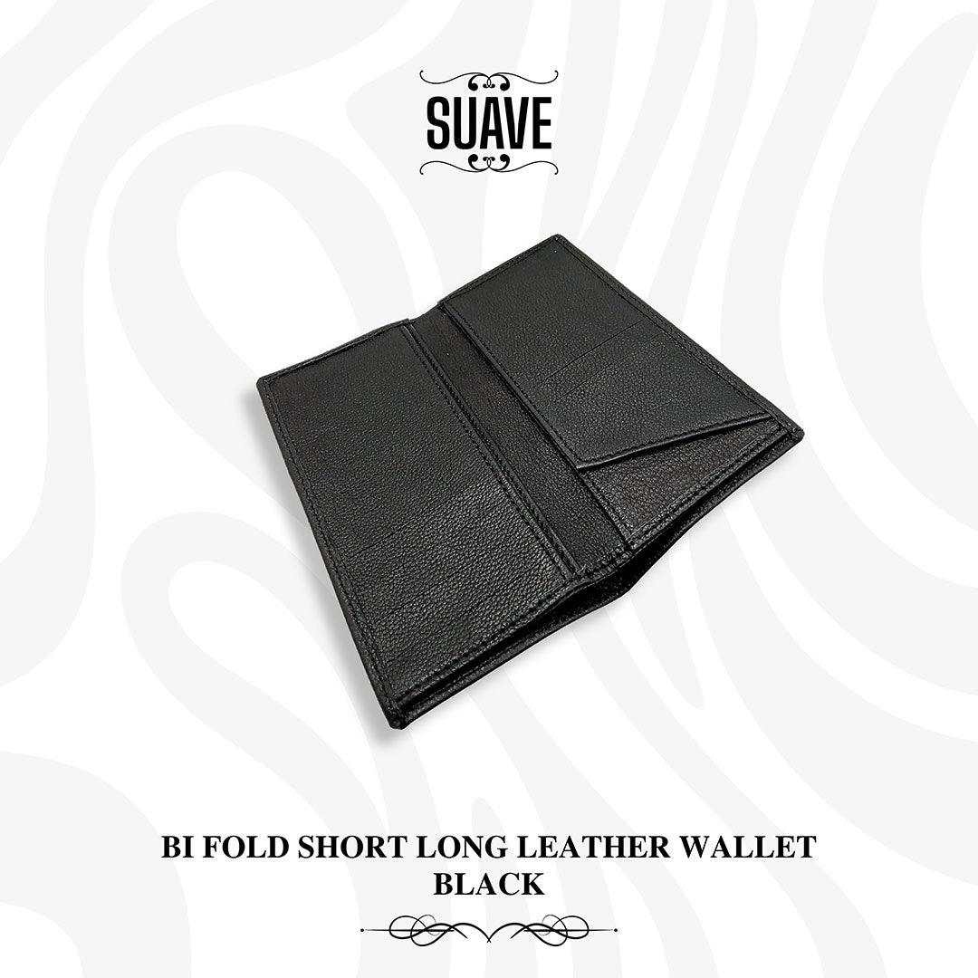 Bi Fold Short Long Leather Wallet - Black