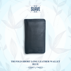 Tri Fold Short Long Leather Wallet - Blue