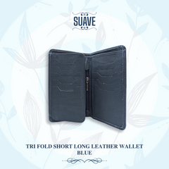 Tri Fold Short Long Leather Wallet - Blue