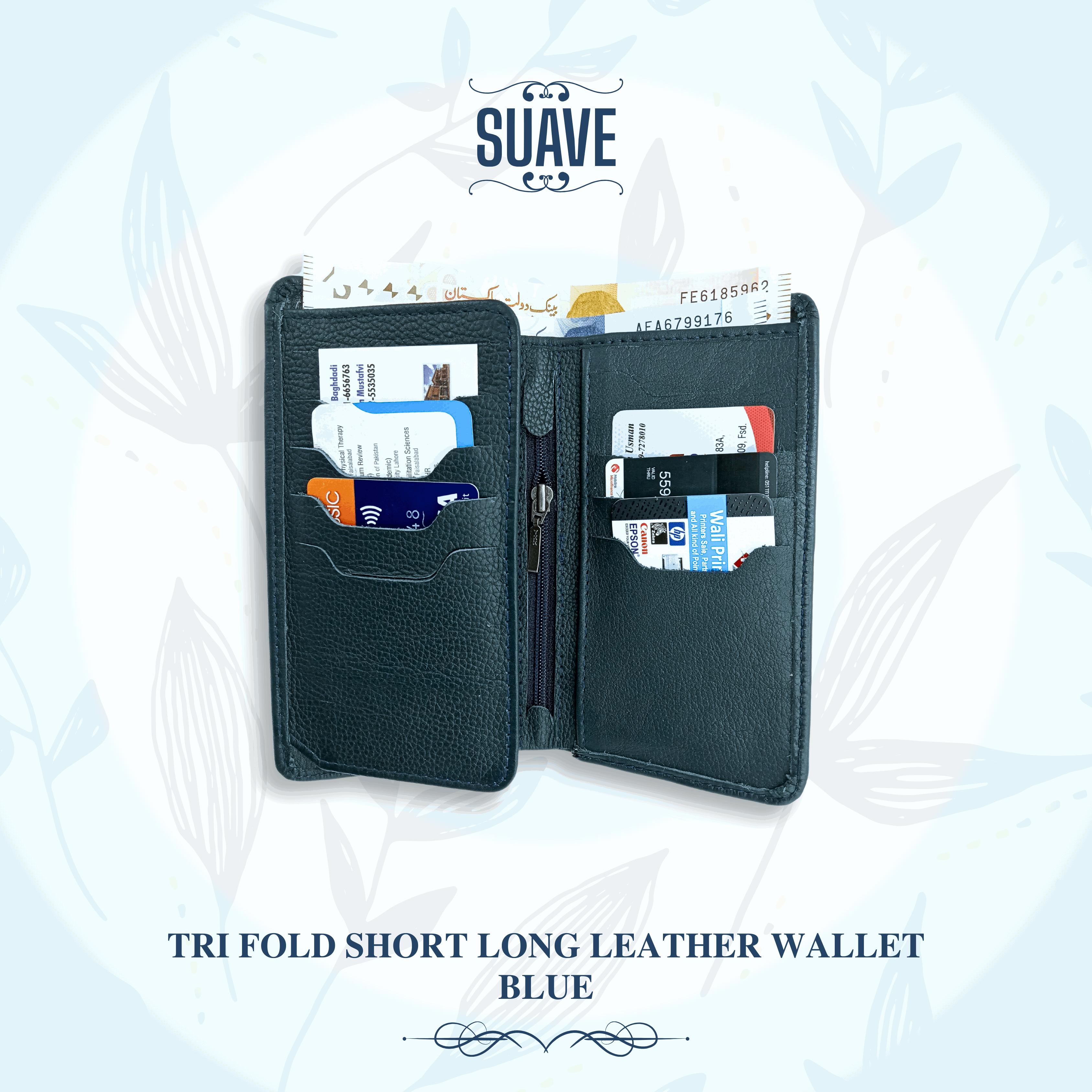 Tri Fold Short Long Leather Wallet - Blue