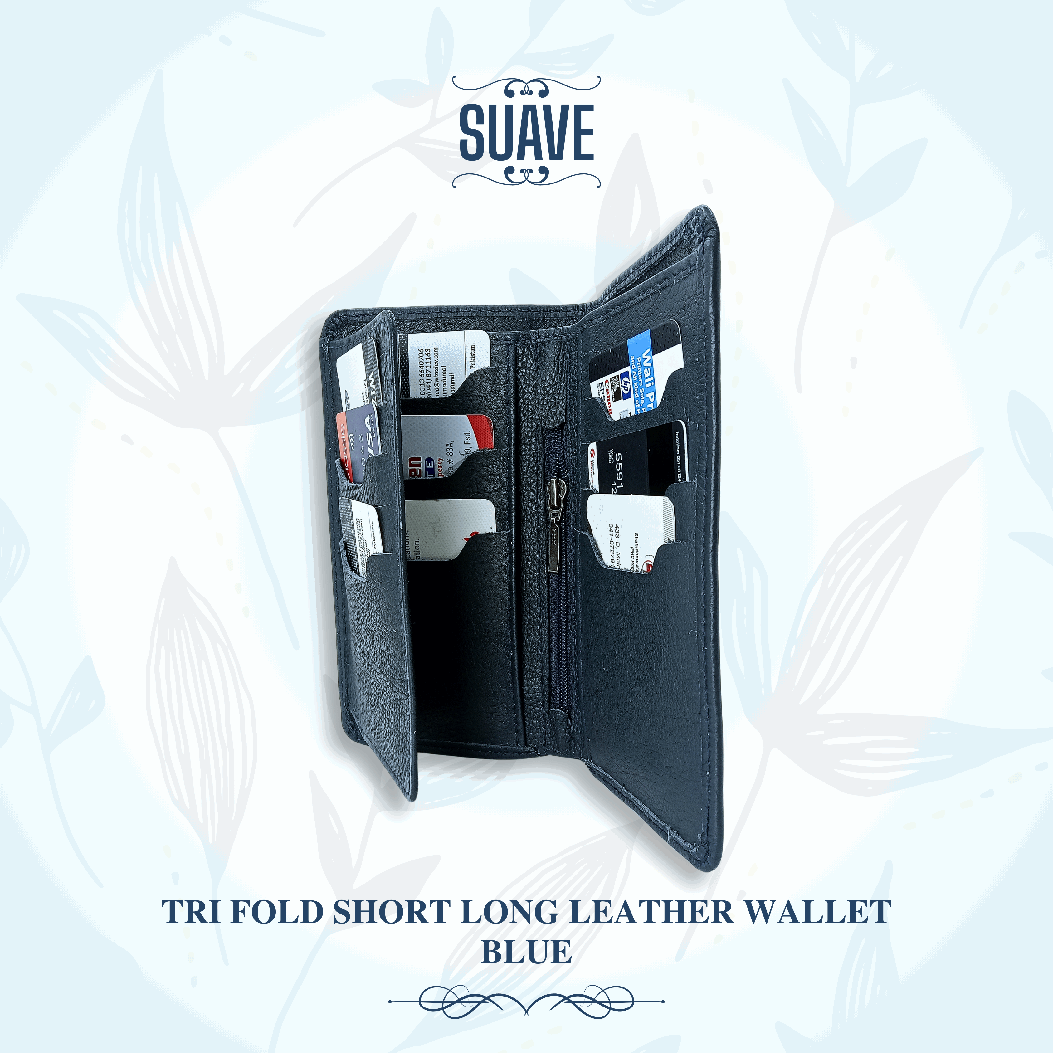 Tri Fold Short Long Leather Wallet - Blue