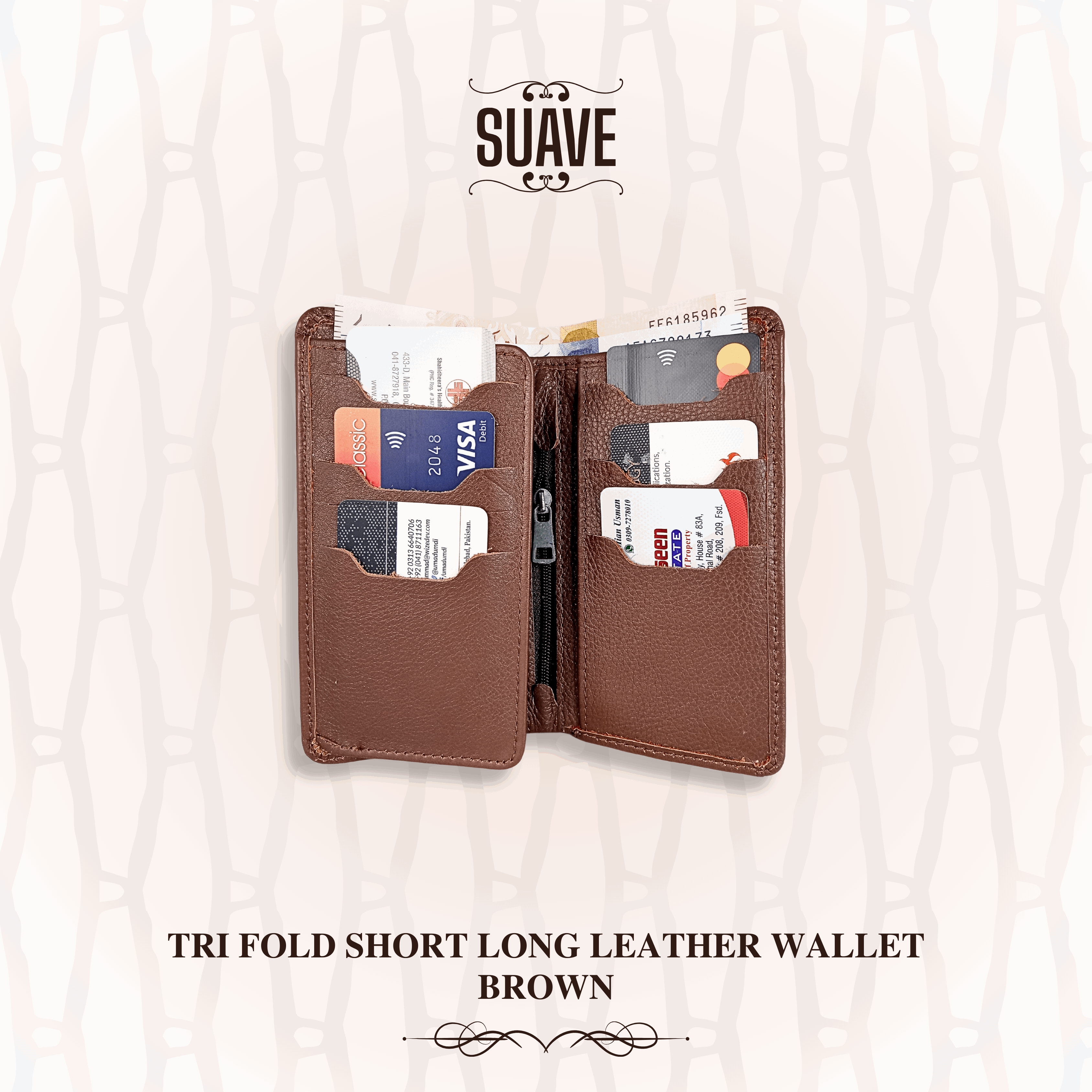 Tri Fold Short Long Leather Wallet - Brown - Suave Pk