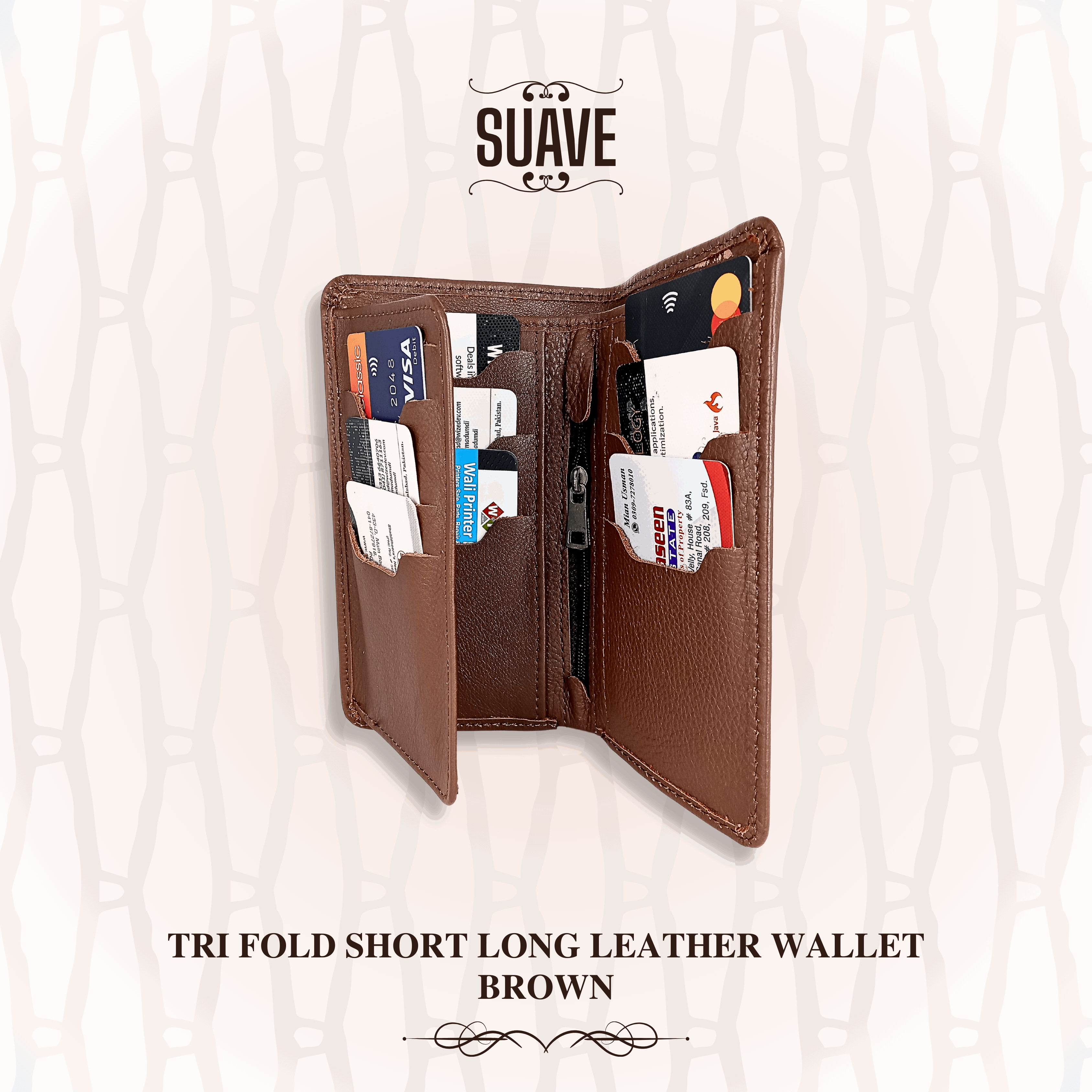 Tri Fold Short Long Leather Wallet - Brown - Suave Pk