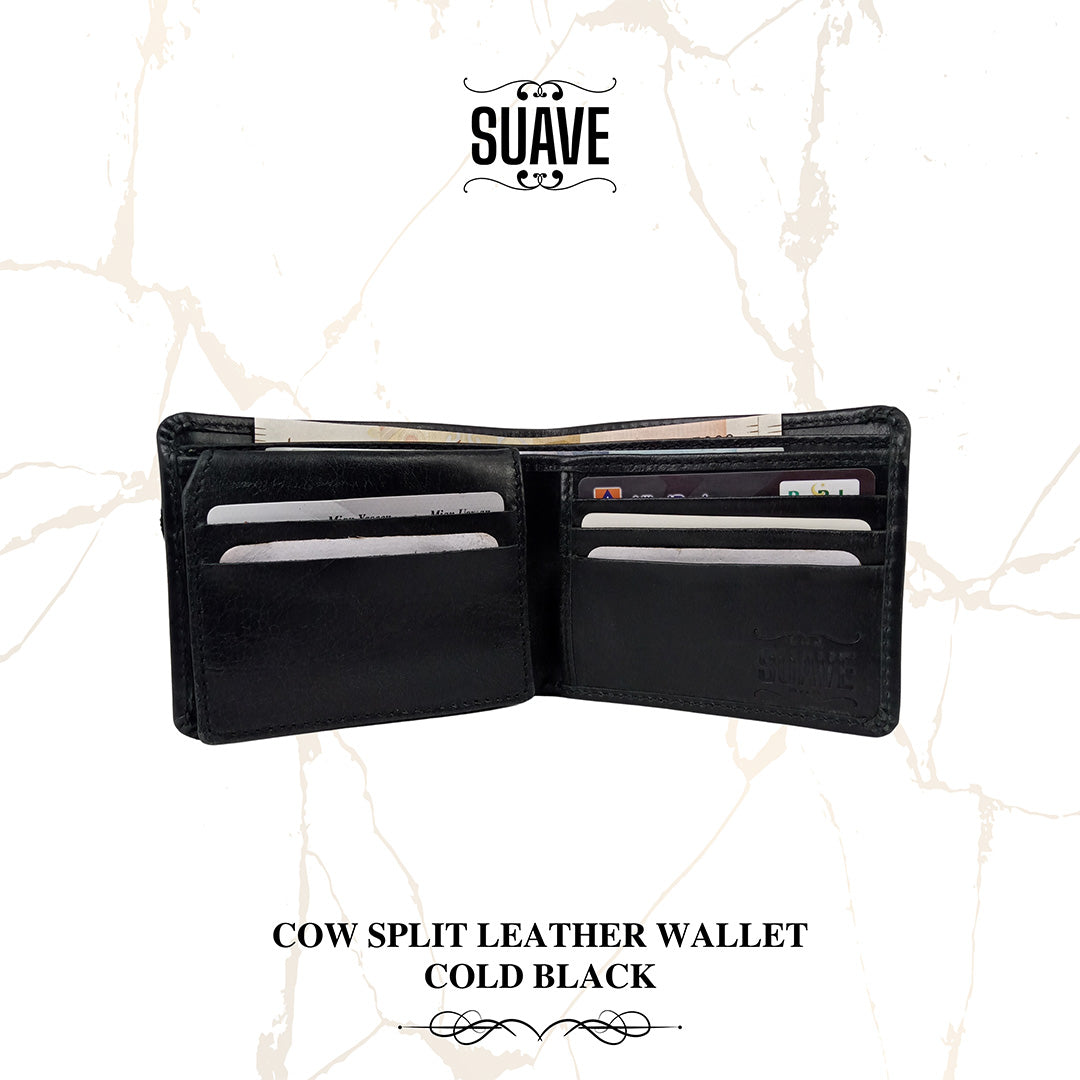 Cow Split Leather Wallet - Cold Black