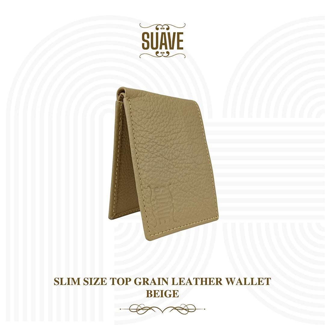 Slim Size Top Grain Leather Wallet - Beige