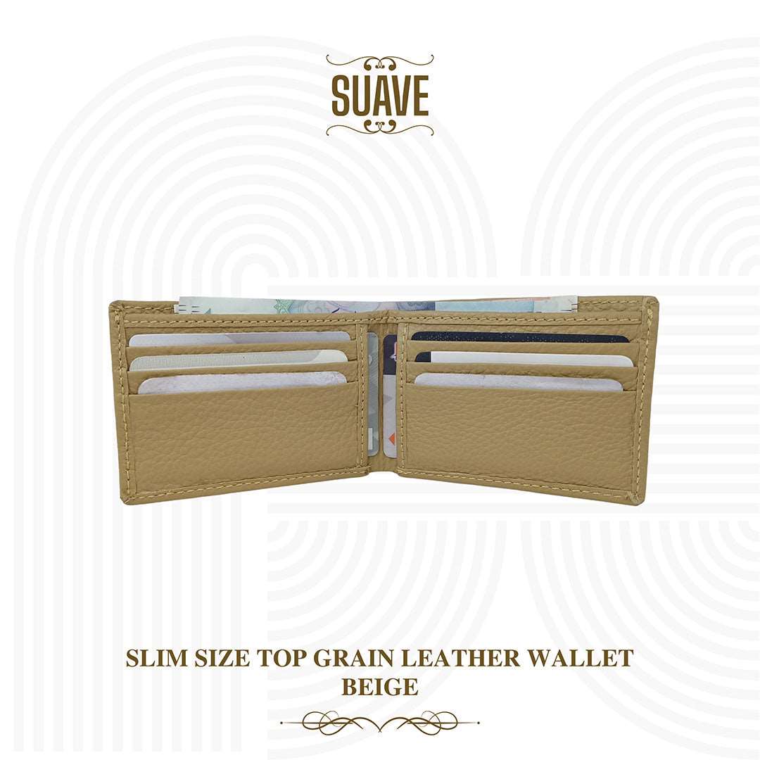 Slim Size Top Grain Leather Wallet - Beige