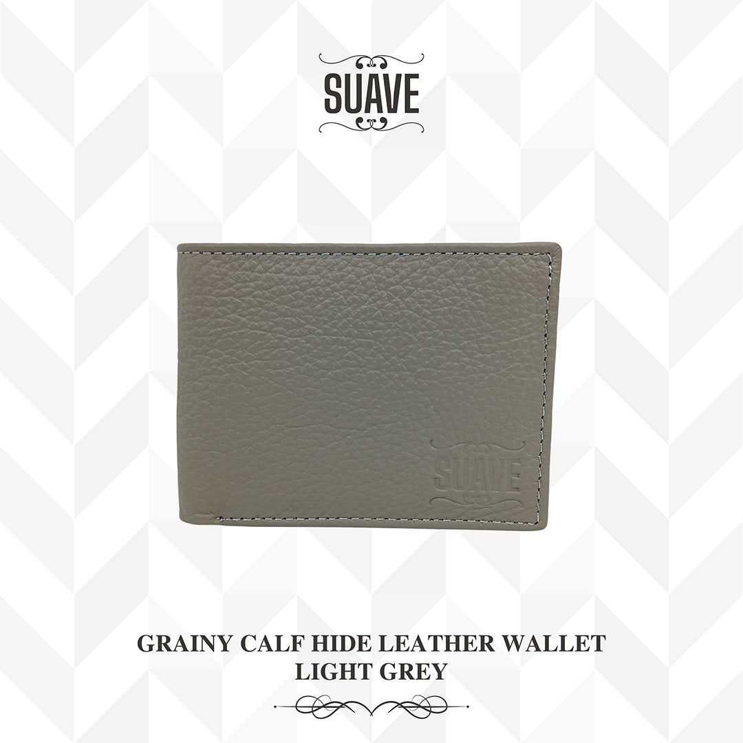 Grainy Calf Hide Leather Wallet - Light Grey