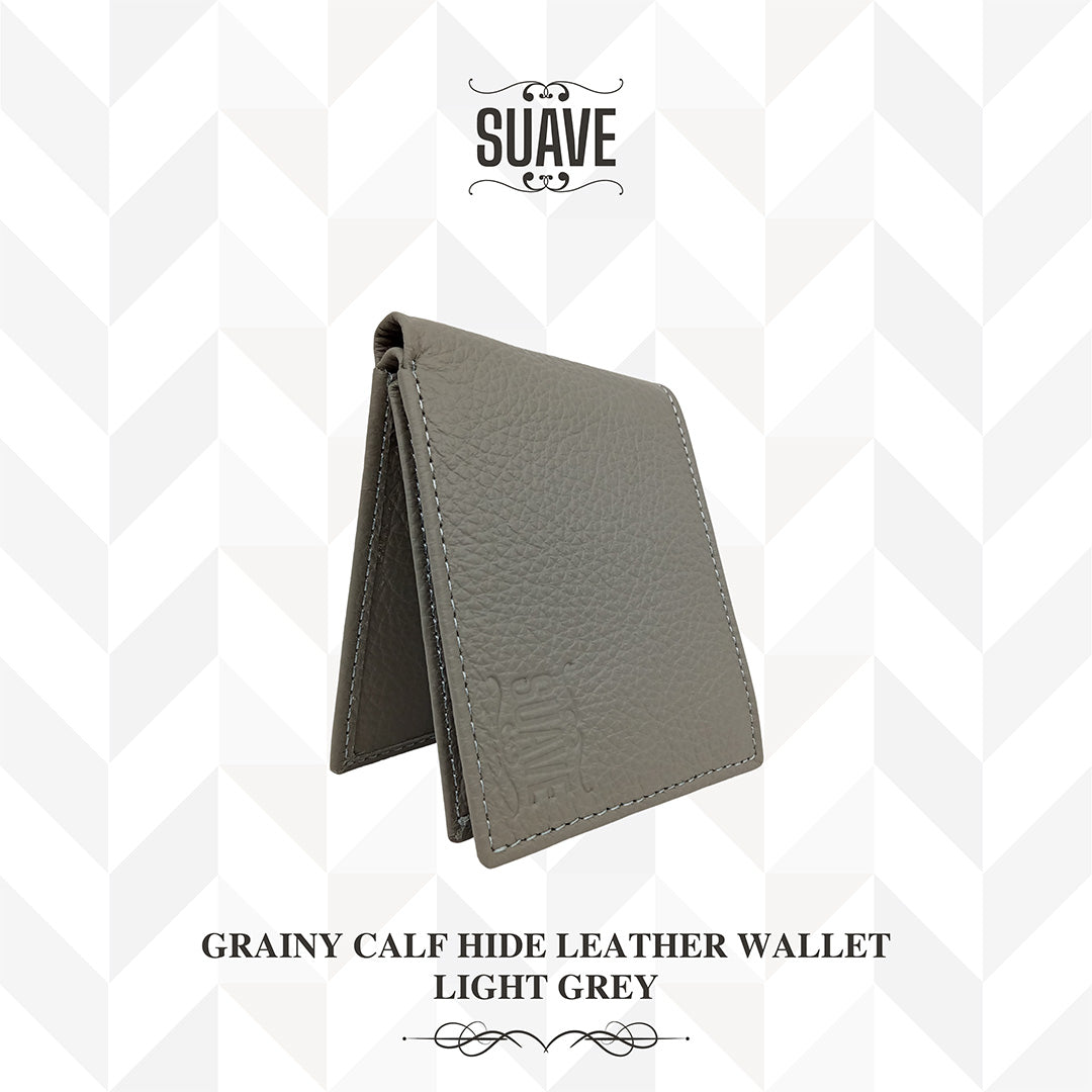 Grainy Calf Hide Leather Wallet - Light Grey