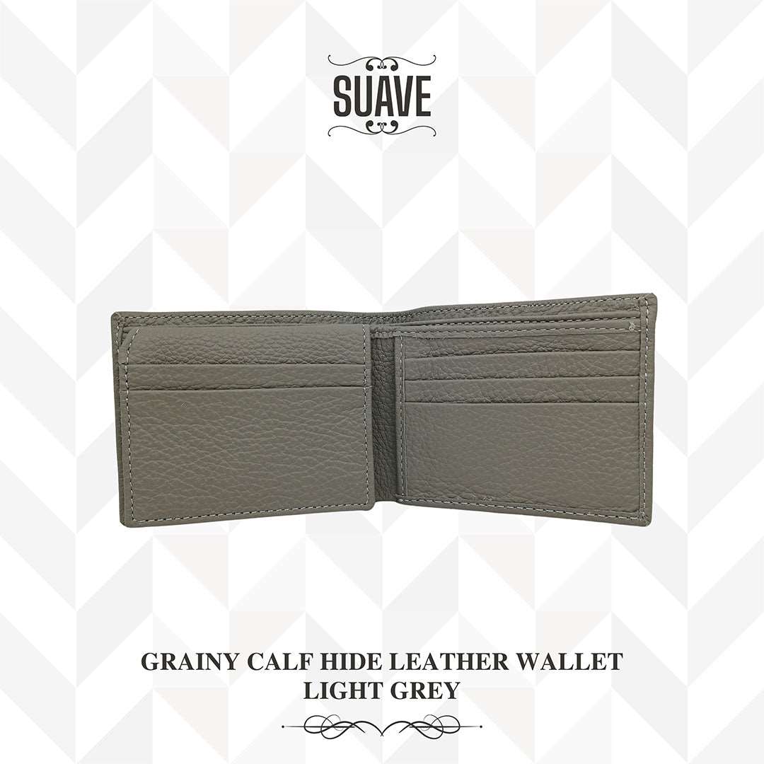 Grainy Calf Hide Leather Wallet - Light Grey