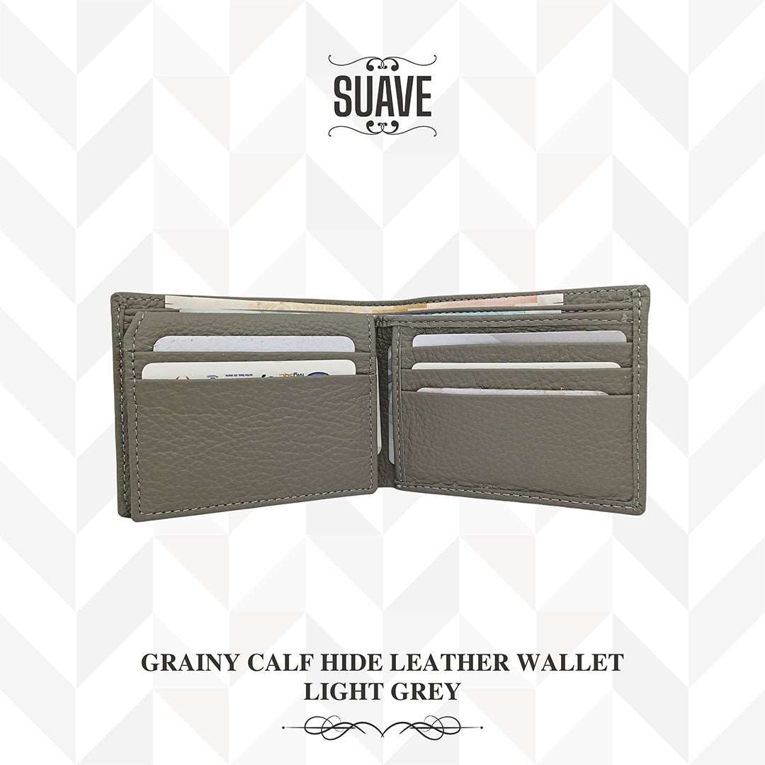 Grainy Calf Hide Leather Wallet - Light Grey