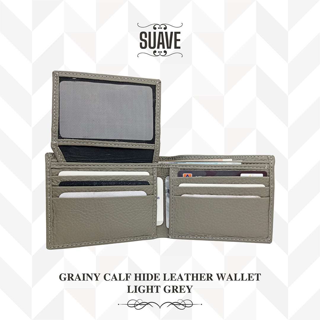 Grainy Calf Hide Leather Wallet - Light Grey