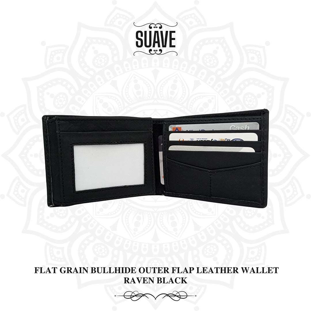 Flat Grain Bullhide Outer Flap Leather Wallet - Raven Black