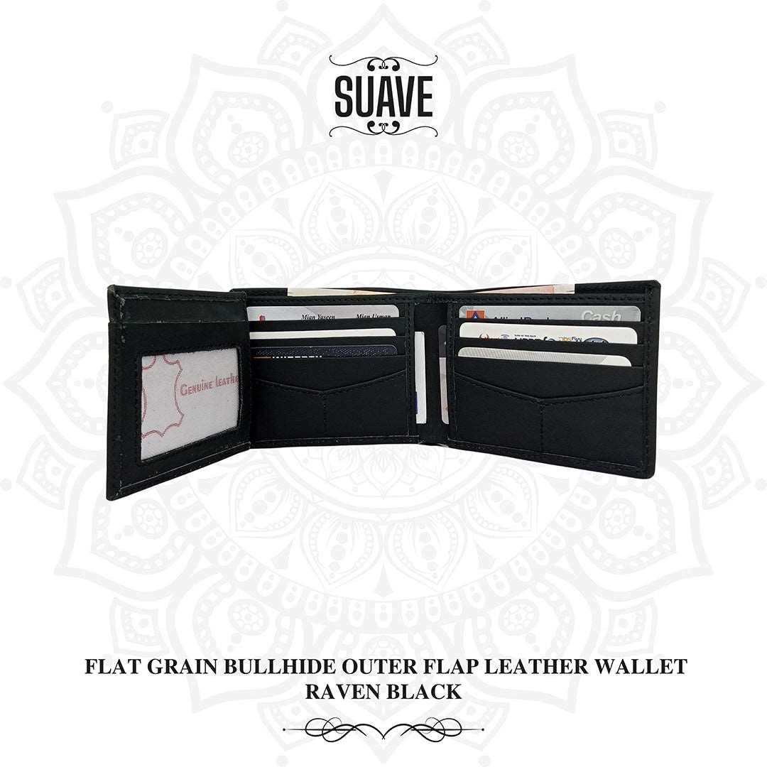 Flat Grain Bullhide Outer Flap Leather Wallet - Raven Black